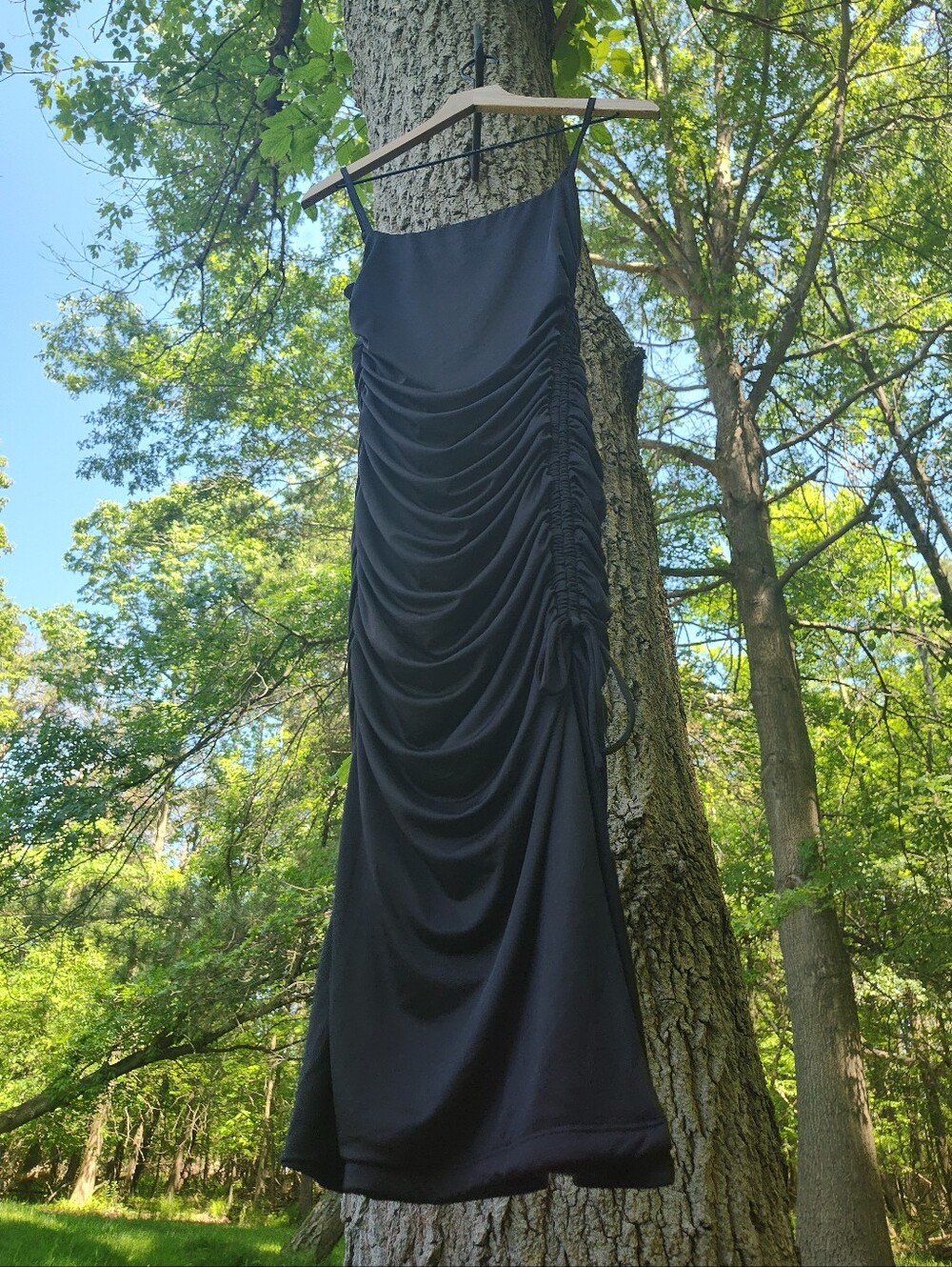 Princess Polly Sz US 6 Black Ruched Fitted Tank Dress Spaghetti Strap With Slit